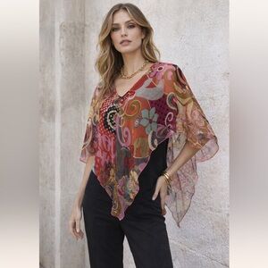 Vintage New York City Design Co. Red Silk Handkerchief Retro Print Blouse Sz MP